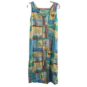 Jams World Rayon Patchwork Hawaiian Midi Dress M Button Front Tie Back Pockets